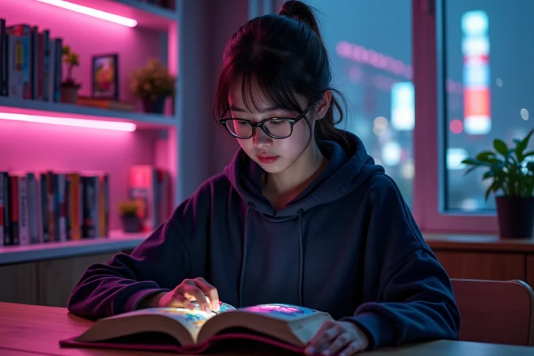 Jeune femme lisant un manga aux couleurs néon dans un appartement urbain avec des étagères illuminées en violet et rose