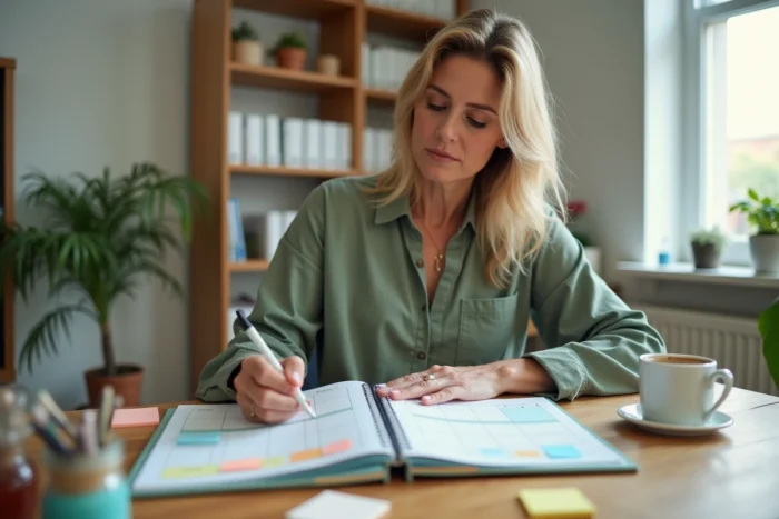 Femme organisant son planning hebdomadaire dans un carnet de tâches coloré sur un bureau en bois dans un bureau à domicile