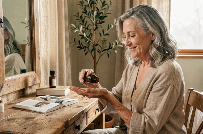 Femme mature appliquant de l'huile de jojoba dans un rituel beauté quotidien naturel et apaisé