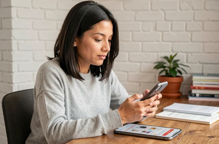 Femme utilisant une application de shopping en ligne sur smartphone à son bureau à domicile