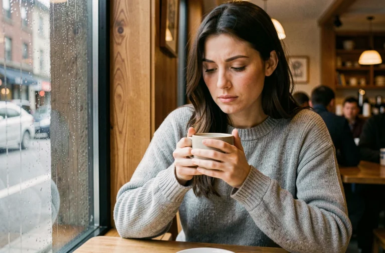 Femme pensive seule dans un café face à une fenêtre pluvieuse, illustrant les émotions complexes d'un amour non partagé