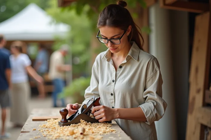 Jeune femme utilisant un rabot à bois lors d'un marché artisanal en plein air, copeaux tombant d'une planche en bois fraîchement travaillée