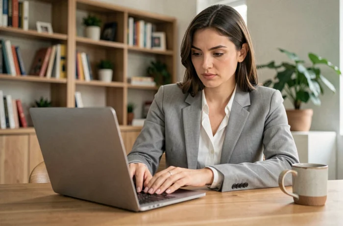Femme consultant son CV sur un ordinateur portable dans un bureau à domicile pour optimiser sa recherche d'emploi en ligne