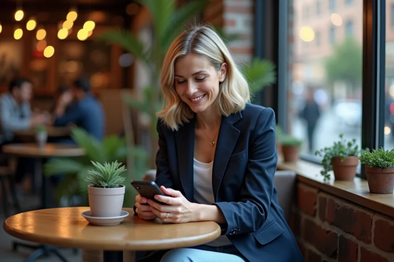 Femme consultant des annuaires d'entreprises locales sur son smartphone dans un café urbain