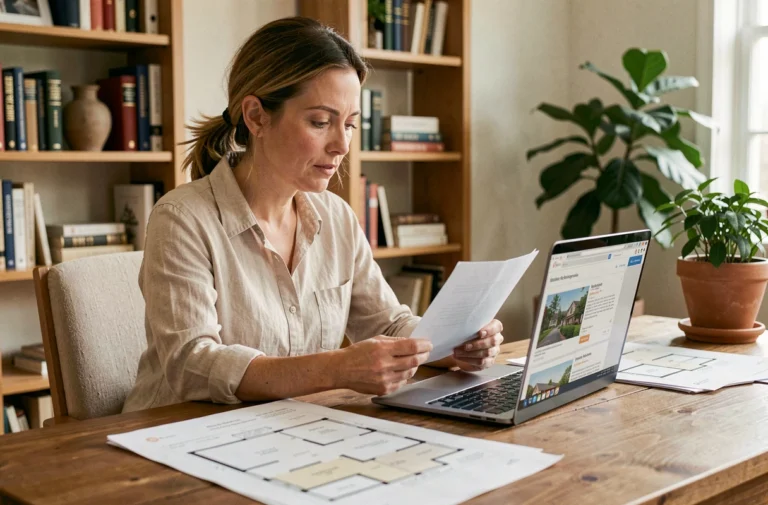Femme consultant des ressources immobilières en ligne depuis son bureau à domicile