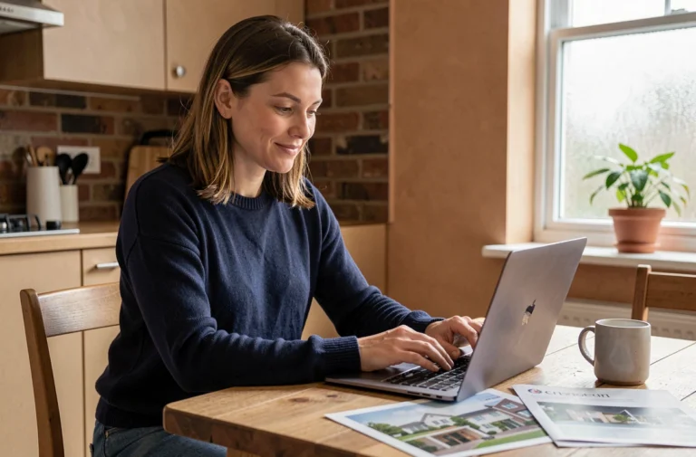 Femme cherchant des offres immobilières en ligne sur un ordinateur portable dans une cuisine moderne