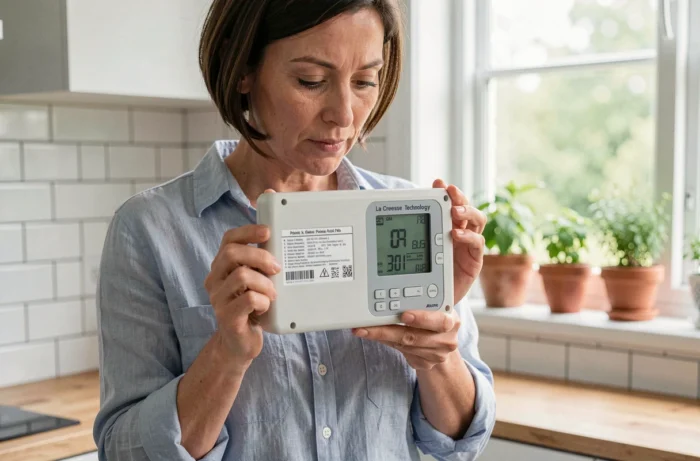 Femme consultant le dos d'une station météo La Crosse Technology dans une cuisine lumineuse avant de procéder à la réinitialisation