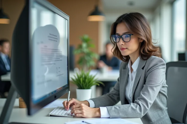 Femme professionnelle signant un document électronique sur ordinateur dans un bureau moderne