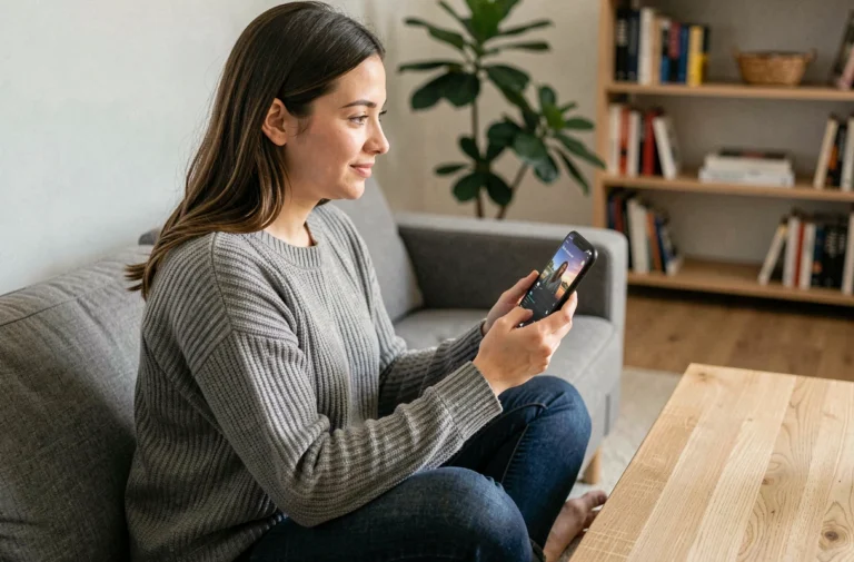 Jeune femme regardant des chaînes en streaming sur son smartphone depuis son canapé