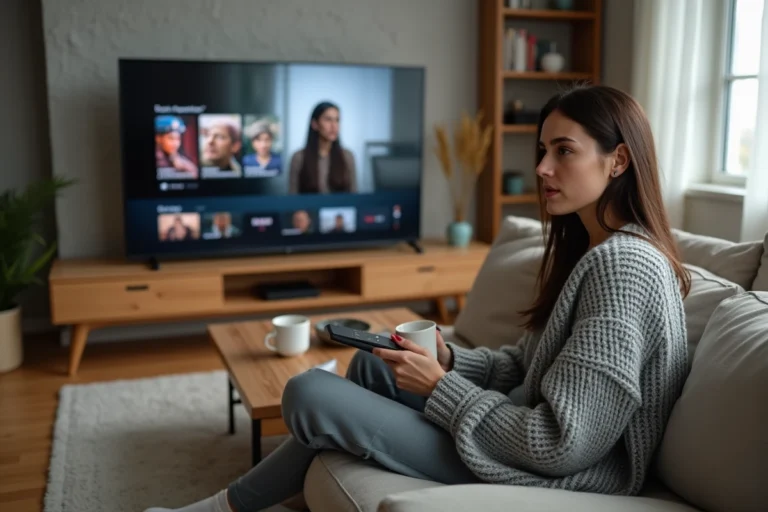 Jeune femme regardant un service de streaming légal sur sa télévision dans son salon confortable en 2024