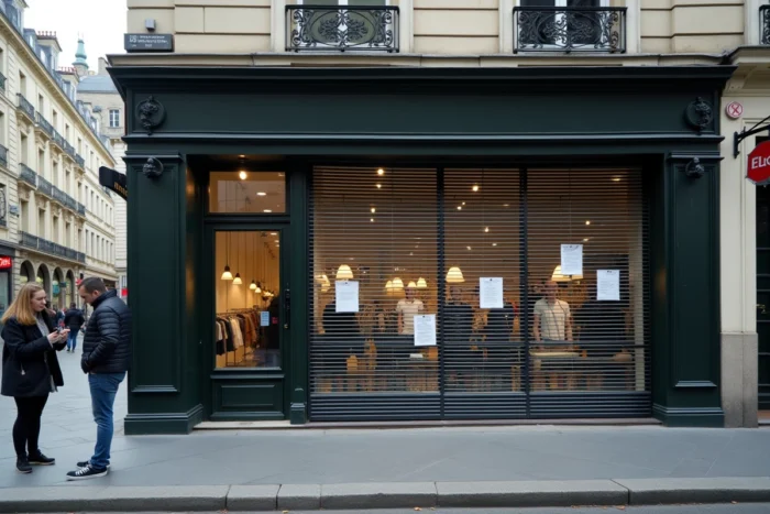 Façade d'un grand magasin Galeries Lafayette fermé avec rideaux métalliques baissés et avis de fermeture sur les portes