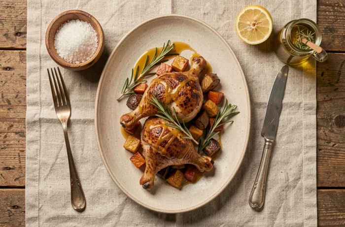 Vista dall'alto di un piatto di pollo arrosto con verdure caramellate su una tovaglia di lino con accessori da tavola rustici