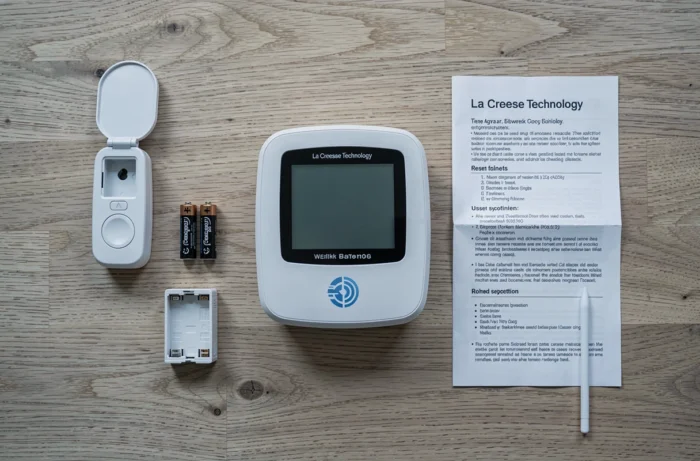 Vue à plat de la station météo La Crosse Technology avec batteries, capteur externe et manuel ouvert sur la procédure de reset