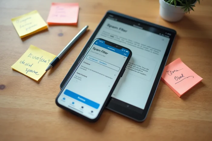 Vue aérienne d'un smartphone et d'une tablette affichant des filtres anti-spam pour emails