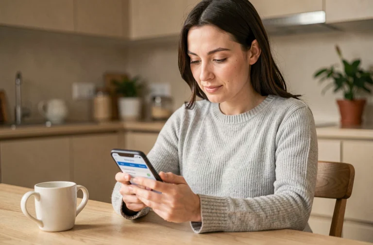 Femme consultant son application La Poste Mobile sur smartphone dans une cuisine moderne