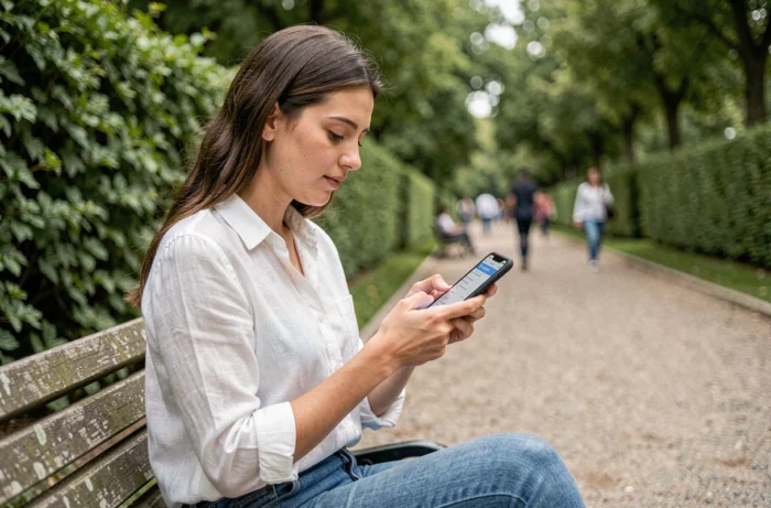 Giovane donna che gestisce il suo conto La Poste Mobile su smartphone in un parco urbano