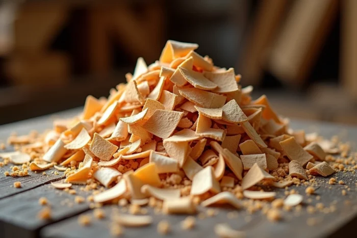 Gros plan de copeaux de bois bouclés et de sciure sur un établi en bois rustique, texture naturelle de menuiserie artisanale