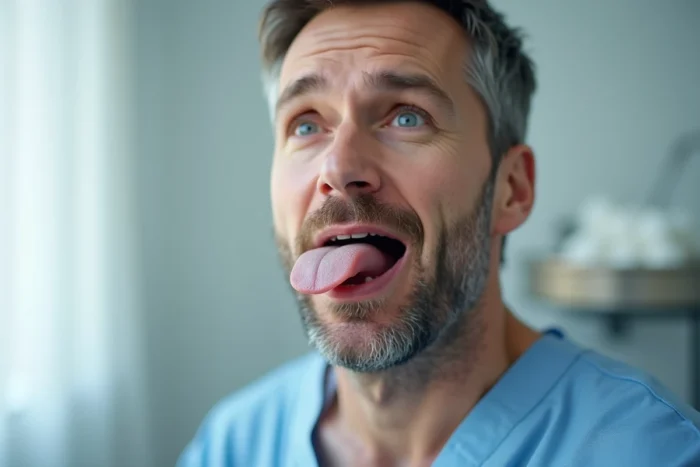 Gros plan clinique de la langue d'un patient pour illustrer les signes visuels du cancer buccal