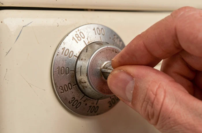 Gros plan sur un thermostat de four analogique réglé précisément à 180 degrés, doigts sur le bouton de contrôle