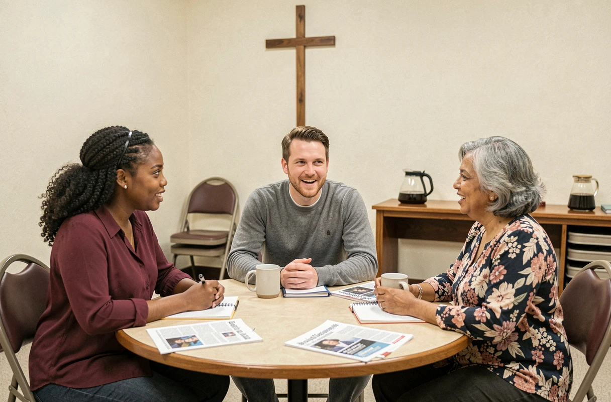 Groupe de chrétiens en discussion sur les actualités religieuses autour d'une table d'église