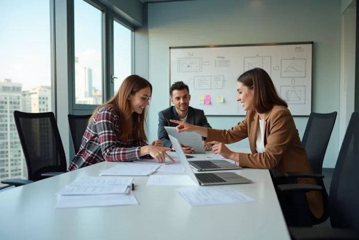 Groupe de jeunes professionnels en formation numérique collaborant autour d'une table dans une salle de cours moderne avec vue sur la ville