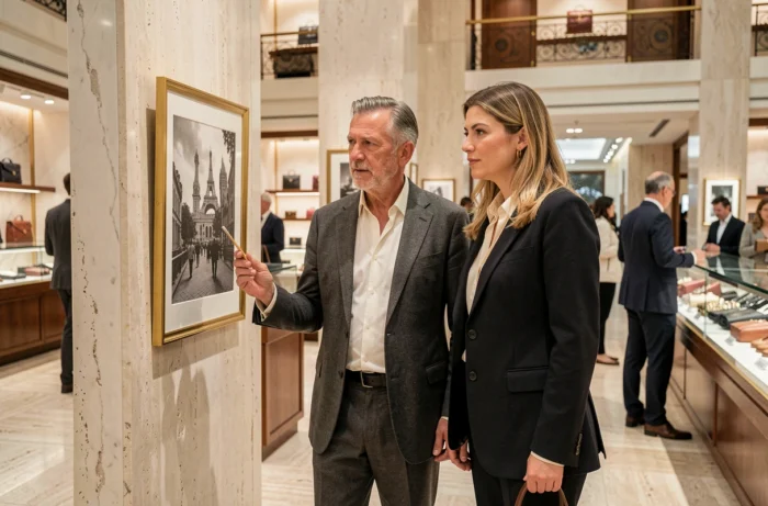Pareja elegante descubriendo la historia de las Galerías Lafayette a través de una fotografía de archivo enmarcada en un gran almacén parisino contemporáneo