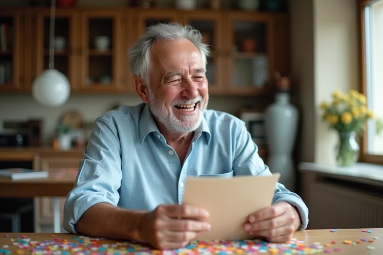Homme de 70 ans riant en lisant une carte d'anniversaire humoristique entouré de confettis et ballons colorés