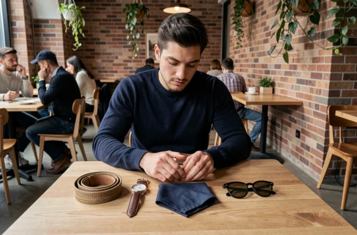Homme comparant des accessoires de mode masculins disposés sur une table de café urbain