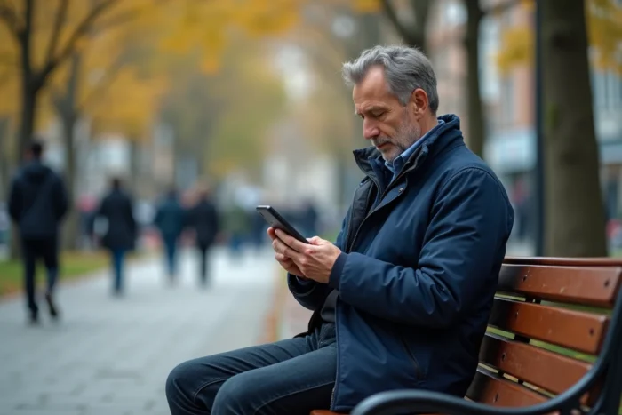 Homme lisant les actualités en temps réel sur smartphone dans un parc urbain