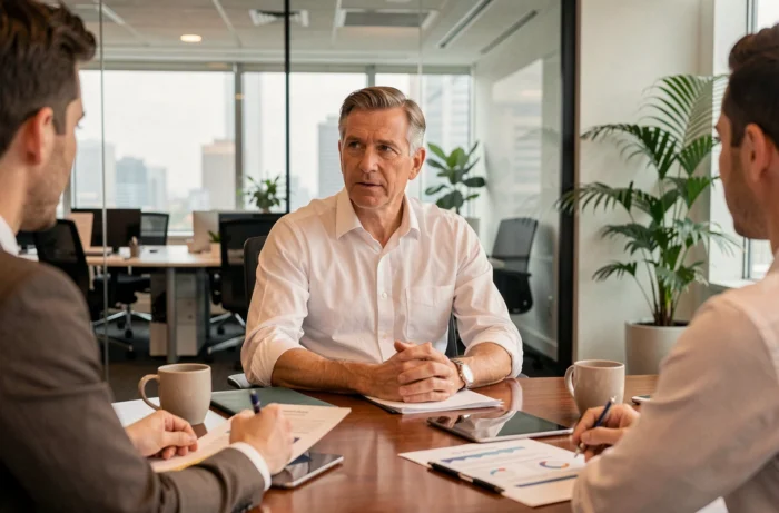 Homme d'affaires expérimenté en réunion de conseil avec des jeunes entrepreneurs autour d'une table de conférence