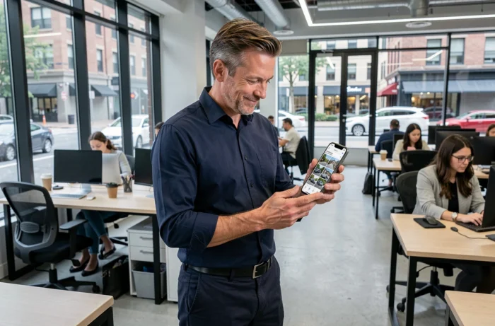 Homme d'affaires utilisant une application d'annonces en ligne dans un espace de coworking urbain