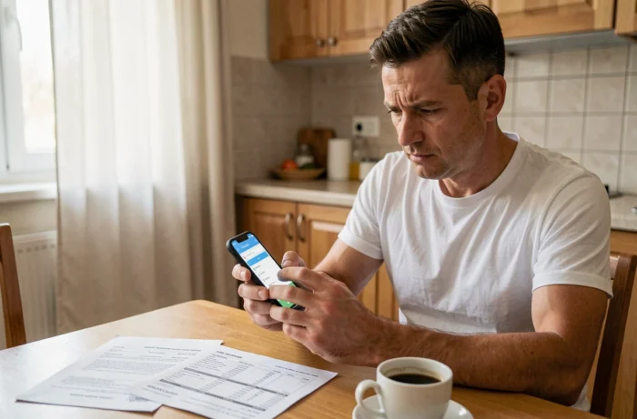 Homme consultant son application bancaire sur smartphone pour gérer une demande de rallonge de prêt à domicile