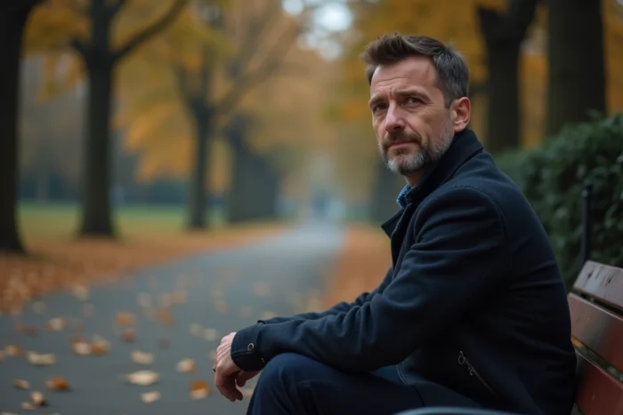 Homme portant la bague d'un proche décédé en souvenir dans un parc en automne