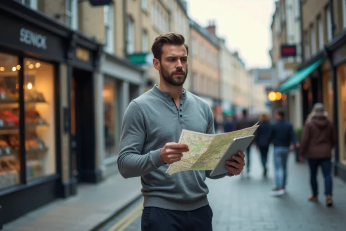 Homme comparant une carte papier et une tablette numérique pour trouver des services locaux dans une rue commerçante