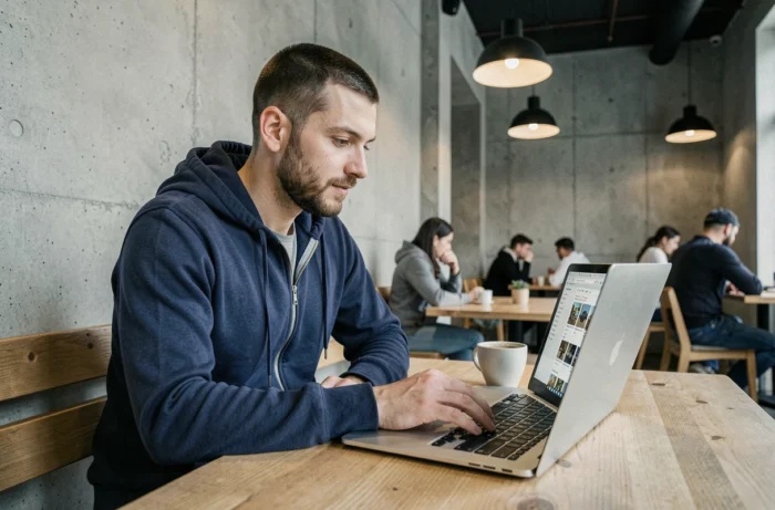 Homme comparant des produits sur un site de commerce en ligne depuis un ordinateur portable dans un café