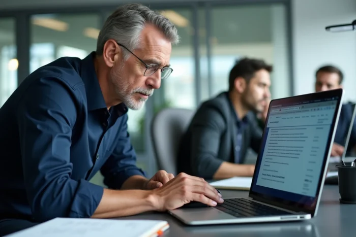 Homme en open space comparant des logiciels anti-spam gratuits sur son ordinateur portable