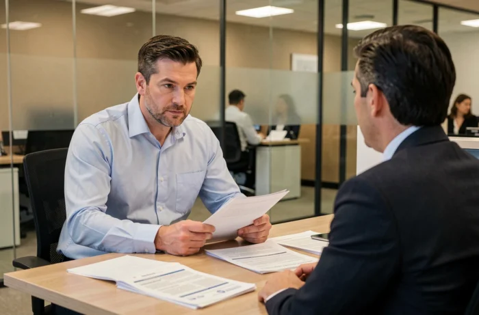 Homme discutant avec un conseiller bancaire pour obtenir une prolongation de son prêt personnel en agence