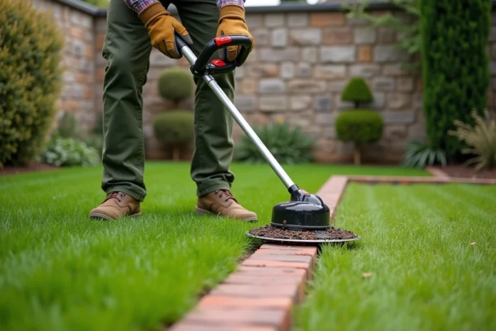 Homme utilisant un coupe-bordure thermique le long d'une bordure de jardin en brique