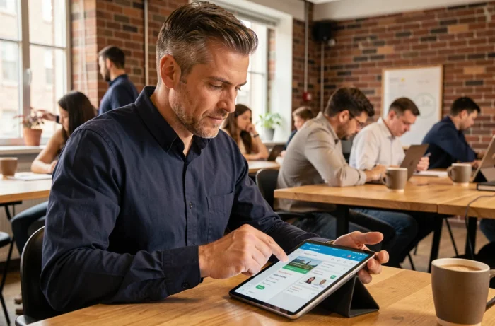 Homme utilisant une tablette dans un espace de coworking pour consulter des services spécialisés de recherche d'emploi en ligne