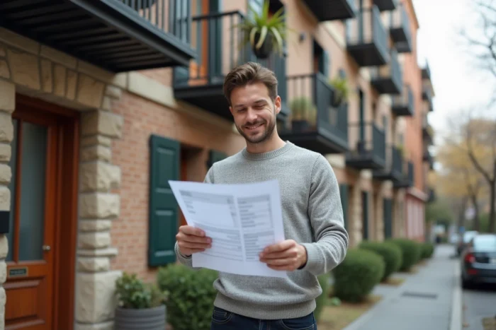 Homme consultant des documents de location devant un immeuble résidentiel en ville