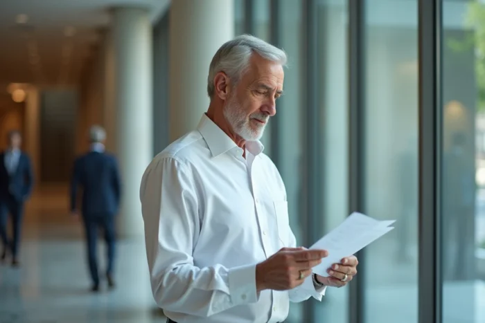 Homme concentré consultant des documents dans un hall institutionnel moderne, illustrant une personnalité liée aux milieux financiers et à la discrétion publique