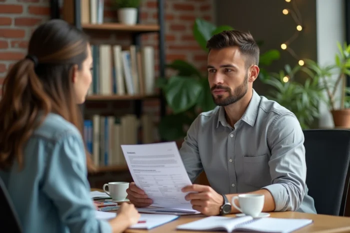 Homme exprimant ses objectifs de formation à un coordinateur lors d'un entretien individuel
