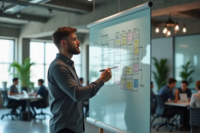 Homme dessinant un organigramme de planification mensuelle sur un tableau blanc dans un bureau en open space moderne