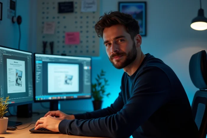 Homme en reconversion professionnelle travaillant sur une formation web depuis son bureau à domicile avec deux écrans affichant du code et des wireframes