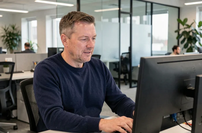 Homme lisant une réponse par email d'un conseiller CAF sur son ordinateur dans un bureau moderne