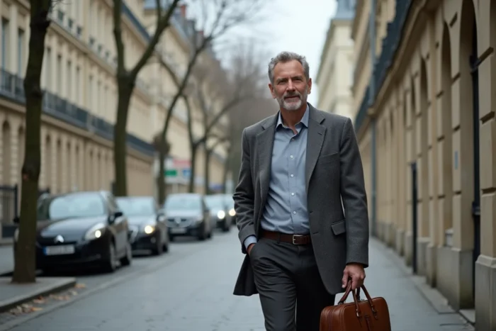 Homme en veste grise marchant dans une rue parisienne pavée avec un attaché-case en cuir, image évocatrice d'une figure discrète de la vie publique française