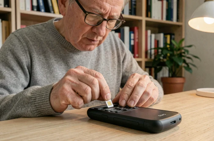 A senior man inserts a SIM card into his Doro phone at his home office