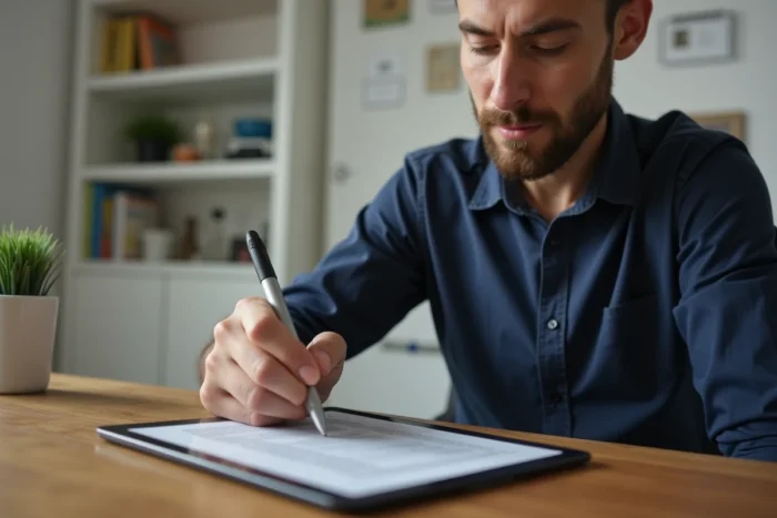 Homme utilisant un stylet sur tablette pour créer une signature électronique depuis son bureau à domicile