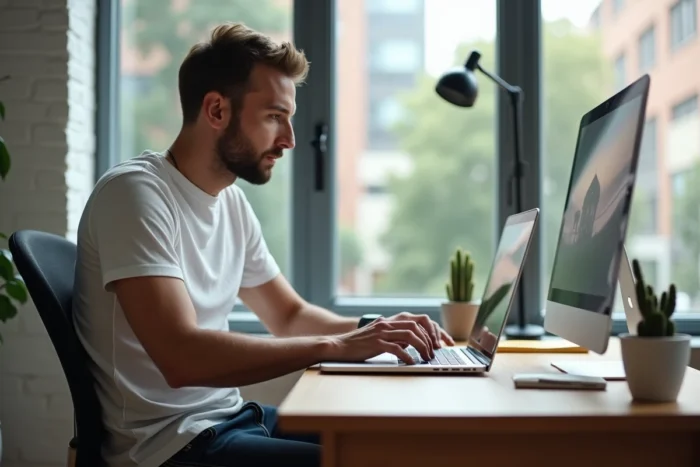 Homme parcourant les options de streaming légal sur son ordinateur portable dans un bureau à domicile