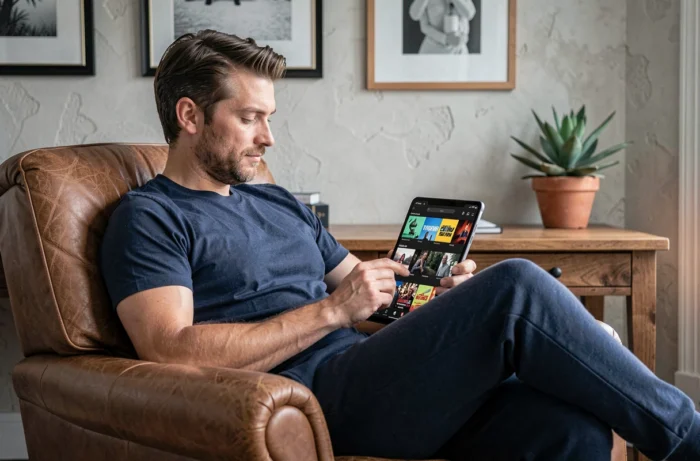 Hombre usando una tableta para ver canales de TV en streaming desde su oficina en casa